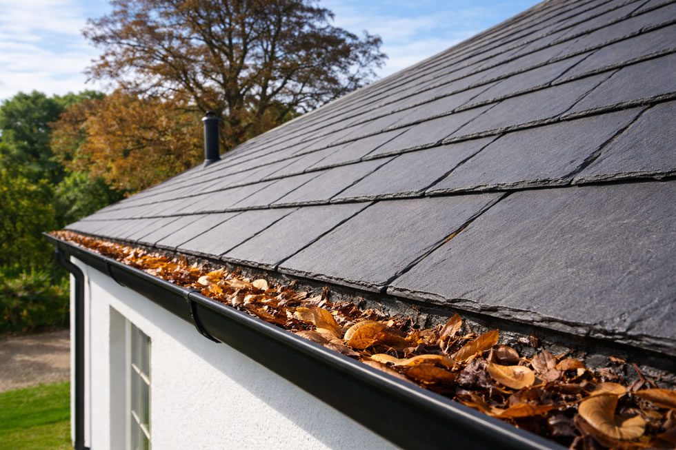 autumn leaves on a slate roof gutter full with debris