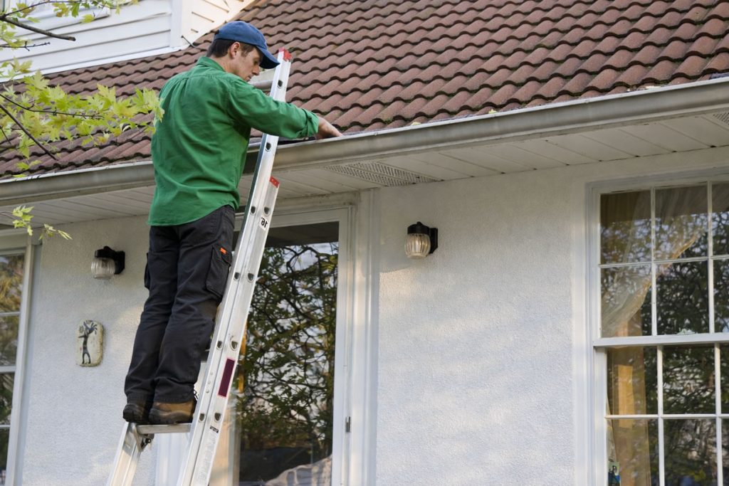 checking and cleaning guttering with ladder