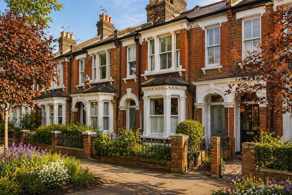 UK Victorian terraced houses near trees